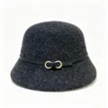 Franse vintage wol bucket hat voor vrouwen herfst winter met zwarte riem en metalen gesp - M (56-58cm) / Zwart
