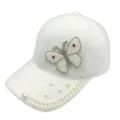 Casquette de baseball en peluche blanche avec papillon perle strass hiver chaud femme - Adulte (Ajustable 58CM) / Blanc 1