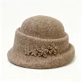 Close-up view of a brown wool felt cloche hat with cute floral and rhinestone accents. - M (56-58cm) / Khaki
