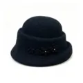 Black wool cloche hat detail showing floral and rhinestone decoration for winter. - M (56-58cm) / Black