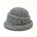 Detail shot of gray wool felt cloche hat with elegant floral rhinestone embellishment. - M (56-58cm) / Gray