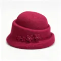 Women wool felt bucket hat with floral detail and rhinestone accents for winter style - M (56-58cm) / Burgundy