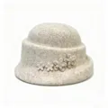 Detail view of a women wool felt cloche hat with cute floral applique, warm winter fashion. - M (56-58cm) / Beige