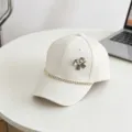 White rhinestone bow baseball cap, sparkling crystal chain detail, casual sun hat for kids. - 54cm Adjustable / Off White