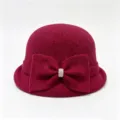 French vintage wool blend bucket hat with crystal bow detail, elegant winter warm basin hat. - M (56-58cm) / Burgundy