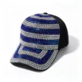 Close-up detail of the luxury rhinestone baseball cap showing sparkling blue and silver crystal stripes. - Adult, Hat Circumference 58cm Adjustable / Black (Blue and Silver Rhinestones)