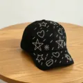 Kids black rhinestone baseball cap with sparkly star and heart details for sunny days. - Kids Style, Adjustable Head Circumference 54CM / Black
