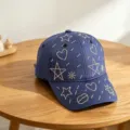 Blue kids baseball cap detail view, featuring sparkling rhinestone stars and hearts design. - Kids Style, Adjustable Head Circumference 54CM / Blue
