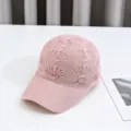 Pink knitted hollow out baseball cap breathable sun protection duckbill hat with rhinestone heart - Adult Model, 54-59cm Adjustable / Pink