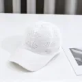 White knitted hollow baseball cap detail, featuring floral crown pattern and rhinestone heart charm. - Adult Model, 54-59cm Adjustable / White