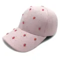 Pink mesh baseball cap detail view, featuring sparkling rhinestones and cute strawberry charms. - Strawberry Decoration / Adult Adjustable / Pink