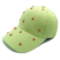 Detailed view of the cute strawberry rhinestone mesh baseball cap, close-up texture. - Strawberry Decoration / Adult Adjustable / Light Green