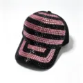 Gedetailleerd overzicht van dames mode strass honkbalpet, zwart roze sprankelend kristal. - Volwassene, Hoofdomtrek 58cm Verstelbaar / Zwart (Transparant Roze en Zwarte Strass-steentjes)