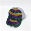 Baseballpet bezet met strass stenen in paars, groen en goud voor dames mode detail. - Volwassene, Hoofdomtrek 58cm Verstelbaar / Hemelsblauw (Geel, Paars en Groen Strass-steentjes)