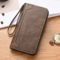 Portafoglio uomo lungo con zip in ecopelle PU, borsello multischermo con cinturino. - Marrone scuro