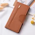 Elegante custodia a portafoglio in pelle marrone con tasca con zip e scomparti per carte. - Marrone chiaro