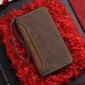 Portafoglio lungo marrone da uomo pochette cerniera texture opaca cinturino da polso - Caffè Scuro