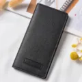 Women long wallet black PU leather slim minimalist bifold purse card holder elegant - Black