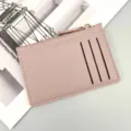 Pink PU leather card holder with zip pocket and multi card slots for daily use and travel. - Light Purple