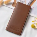Women brown long wallet minimalist bi-fold PU leather clutch with card slots and snap closure. - Light Brown