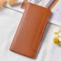 Portafoglio lungo marrone da donna, borsa minimalista in pelle PU con scomparti carte e bottone. - Marrone chiaro
