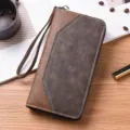 Portafoglio lungo uomo lavoro rétro in pelle PU pochette con cerniera e cinturino da polso - Caffè Chiaro