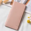 Pink minimalist long faux leather women wallet with clean stitching and snap closure design. - Pink