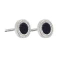 Elegante runde blaue Sandstein Ohrstecker mit silbernem strukturiertem Rahmen fur Damen. - Blauer Sandstein Ohrstecker - 12mm