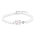 White beaded bracelet with pink enamel butterfly and floral pendant, elegant fashion jewelry. - Butterfly (S688)