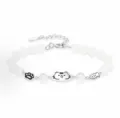 Cute silver cat charm bracelet with white beads adjustable length lovely wrist jewelry gift. - Women's Cat (S699)