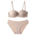 Seamless strapless bra and panties set for women, nude padded push up lingerie supportive underwear. - Nude
