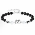 Cute silver dog bracelet with black beads, paw print and bone charms for pet lovers. - Men's Puppy (S699)