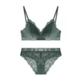 Franse kanten lingerieset, sexy dunne beugelvrije driehoek bh en bijpassend slipje. - Donkergroen