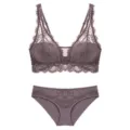 French wireless lace lingerie set, sexy gathering push up bra and matching panties. - L(80ABC) / Set / Purple