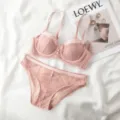 Pink French lace bra and panty set, sexy push-up lingerie set with comfortable support. - 70B/32B / Top And Bottom / Shrimp Pink