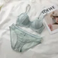 Light green lace bra and panty set, French style push-up lingerie set for women variant. - 70B/32B / Top And Bottom / Green
