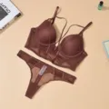 Brown mesh corset bra and thong set, sexy French style lingerie variant in dark coffee. - 70B / Top And Bottom / Chocolate