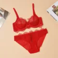 Red French lace lingerie set featuring a push-up bra and matching panties for sexy daily wear. - 75B / Top And Bottom / Red