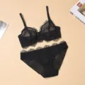 Black lace bra and panty set French sexy lingerie matching underwear set for women - 75B / Top And Bottom / Black