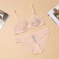 Pink French lace lingerie set featuring a supportive push-up bra and matching panties for women. - 75B / Top And Bottom / Pink