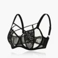 Plus size black lace bra with thin cups, cross straps, and push-up support for big breasts. - 75C / Tops / Black