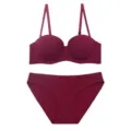 Wine red seamless half cup push up bra and panties set women comfortable gathering lingerie. - Burgundy