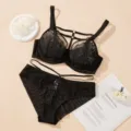 Plus size black lace bra and panties set, elegant floral embroidery and strappy details. - 75D / Top And Bottom / Black