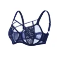 Dark blue lace plus size bra with sexy cross straps and sheer mesh cups for comfortable wear. - 95H / Tops / Sapphire Blue