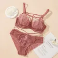 Plus size lace bra and panties set, full cup thin unlined bralette with sexy strap details. - 75D / Top And Bottom / Rouge Red