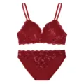 Red lace bra and panties set detail showing exquisite floral texture and deep V design. - S Fits 70 (ABC) / Red