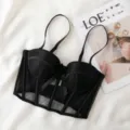 Black boned corset bra, French style push-up bustier with mesh panels and elegant bow detail. - 80B/36B / Tops / 1-Piece / Black