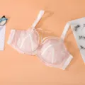 French lace plus size full cup bra with soft underwire, pink polka dot mesh design. - 85.00g / White