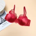 Red French satin lace push-up bra for women, elegant floral trim lingerie variant. - S / Tops / Burgundy