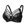 Plus size unlined black bra with mesh panels and strappy harness design for full support. - 75D / Tops / Black